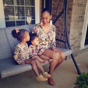 Mommy and me, toasted almond floral rompers.